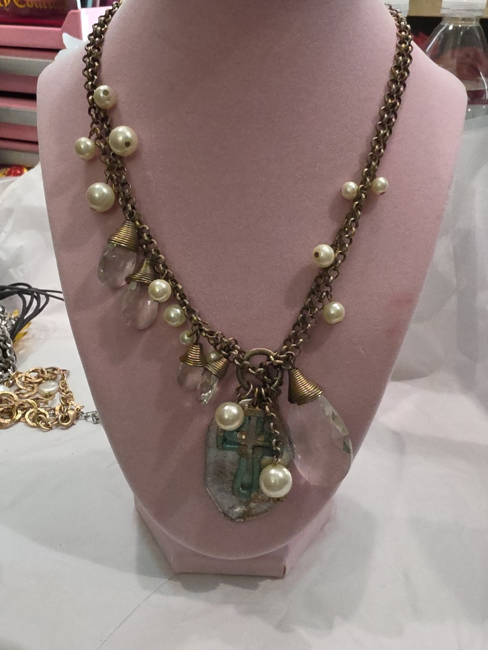 Vintage-Inspired Pearl & Crystal Charm Necklace -